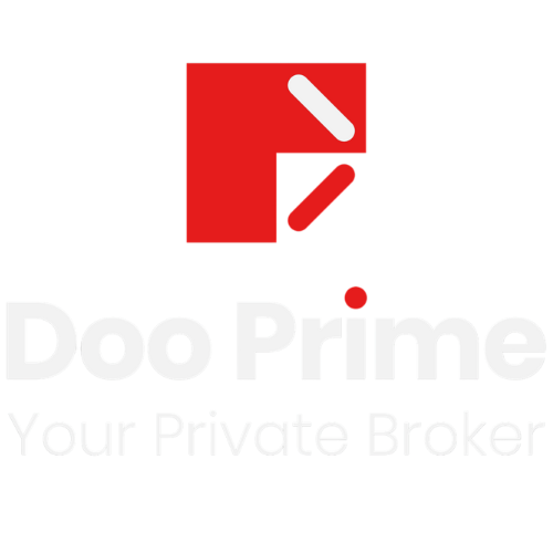 Doo Prime Broker logo red and white on black background